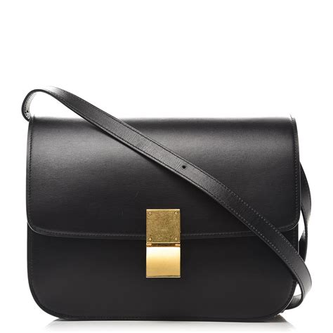 CELINE Box Calfskin Medium Classic Box Flap Bag Black .